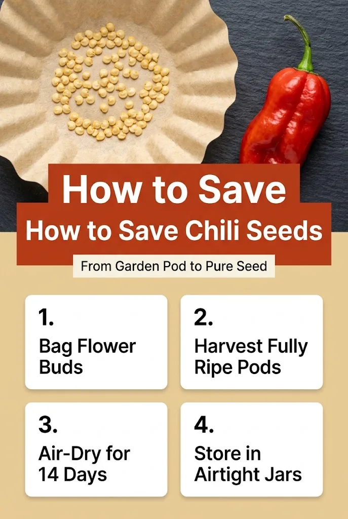 Four-step Pinterest infographic explaining how to save pure chili seeds from garden flower isolation to airtight winter storage