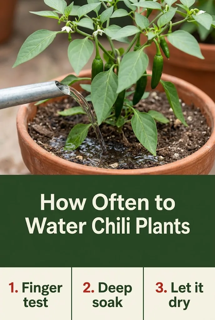 Pinterest graphic titled How Often to Water Chili Plants with three numbered step chips: Finger test, Deep soak, Let it dry