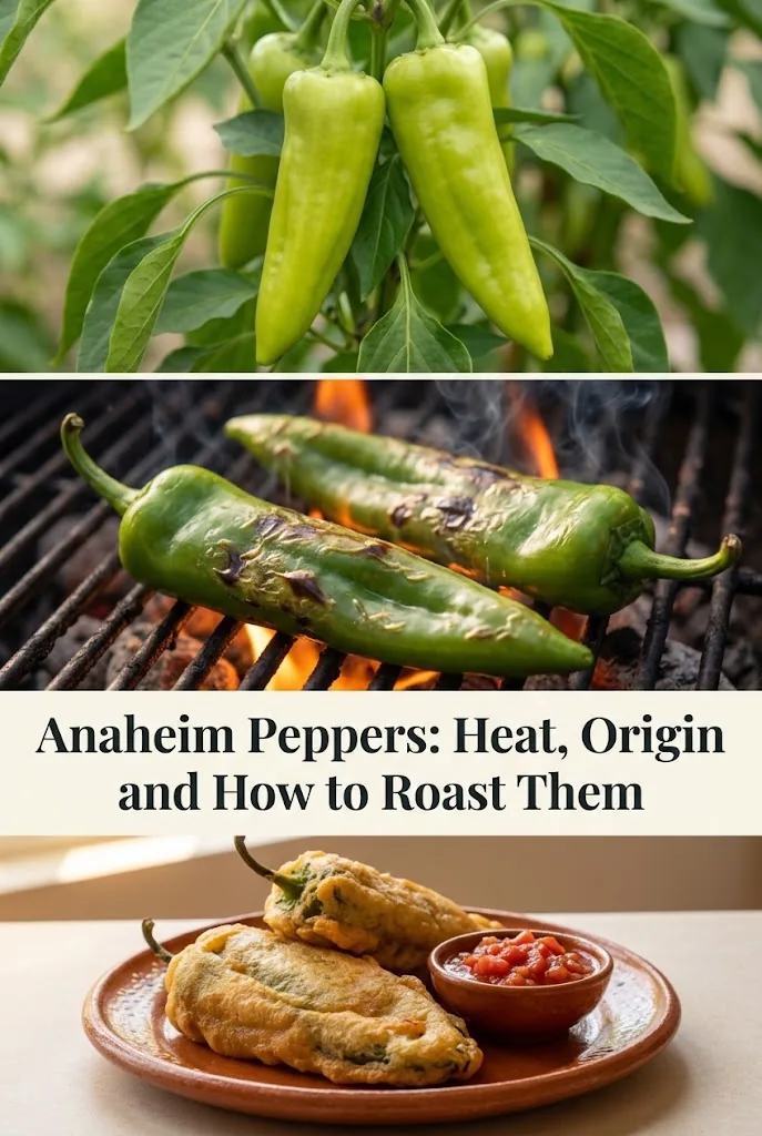 Vertical Pinterest pin with three photo panels showing Anaheim peppers on the plant, roasting over embers, and as chile rellenos, with a cream and terracotta title band reading Anaheim Peppers: Heat, Origin and How to Roast Them