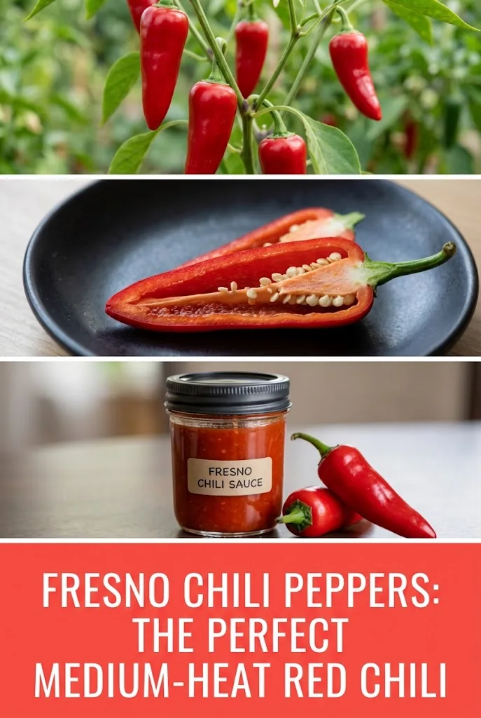 Vertical Pinterest graphic about Fresno peppers with a plant photograph, halved pepper, and hot sauce