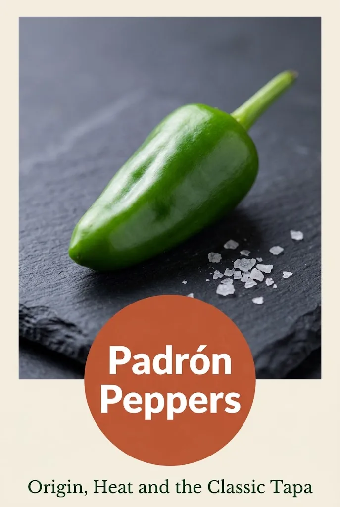 Pinterest graphic showing a single Padron pepper on dark slate with a terracotta circular title badge reading Padron Peppers