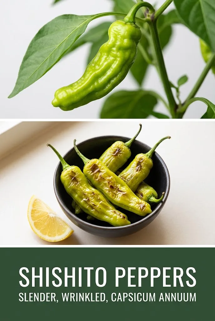 Pinterest graphic titled Shishito Peppers with on-plant photo, blistered bowl and green title band