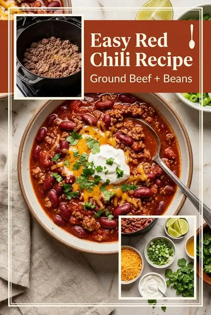 Pinterest collage for easy red chili recipe with ground beef and beans