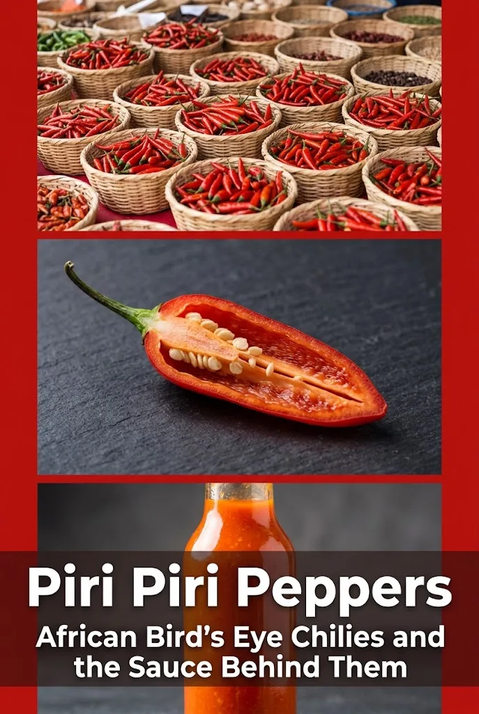 Vertical Pinterest pin: three stacked image panels of piri-piri peppers with chili-red solid color-block bands and a bold white title