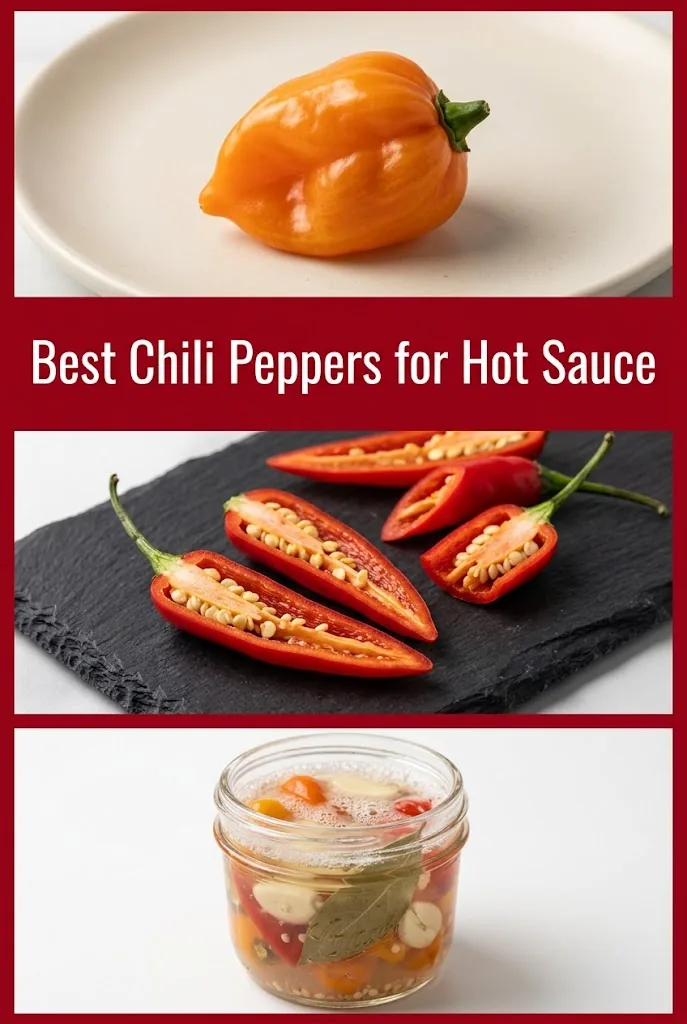 Pinterest graphic titled Best Chili Peppers for Hot Sauce showing habanero tabasco peppers and a fermentation jar in three panels
