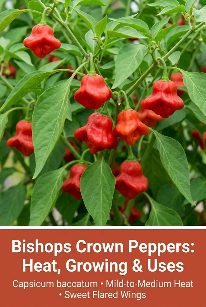Vertical Pinterest pin showing ripe red Bishop's Crown peppers on the plant and a terracotta color-block title band