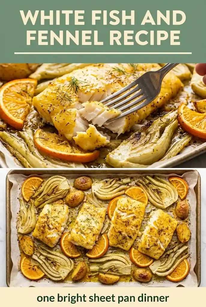 Pinterest graphic titled White Fish and Fennel Recipe with a photo collage of roasted cod on a sheet pan