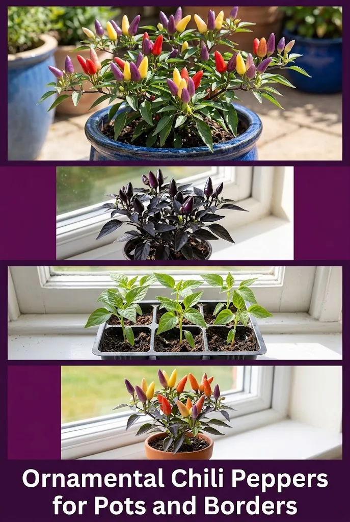Pinterest graphic titled Ornamental Chili Peppers for Pots and Borders, a four-panel collage of mature Bolivian Rainbow plant, Black Pearl plant, ornamental seedling tray, and Numex Twilight plant