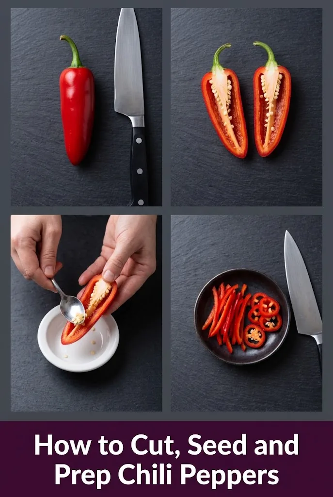 Pinterest graphic titled How to Cut, Seed and Prep Chili Peppers, a four-panel collage showing a whole red jalapeño, a halved jalapeño with seeds visible, a spoon scraping seeds from a halved pod, and a small dish of finished thin red chili strips and rings, separated by deep charcoal solid bands with a deep aubergine title band