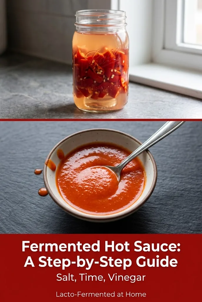 Pinterest pin with ferment jar photo on top, finished sauce spoon in middle, and a deep red color-block band reading Fermented Hot Sauce with the subtitle Salt, Time, Vinegar