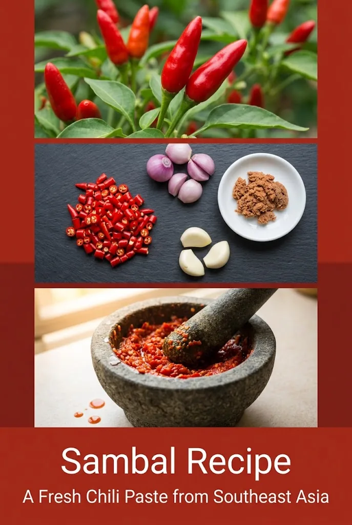 Vertical Pinterest graphic for Sambal Recipe: A Fresh Chili Paste from Southeast Asia, four-panel collage with on-plant bird's eye chilies, ingredients on slate, mortar of coarse sambal paste, and a deep brick-red band with the title