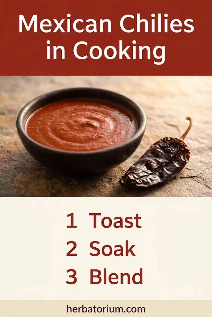 Vertical Pinterest pin with a brick-red headline band reading Mexican Chilies in Cooking, a mole sauce photo, three numbered step chips (Toast Soak Blend), and a herbatorium.com footer.