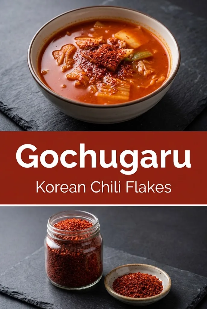 Vertical Pinterest graphic with kimchi jjigae photo, a red title band reading Gochugaru, and a jar of coarse flakes
