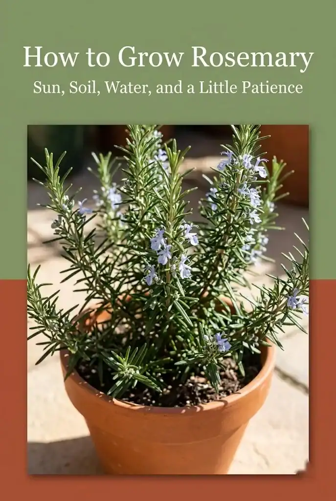 Pinterest graphic titled How to Grow Rosemary, with sun, soil, water, and a little patience