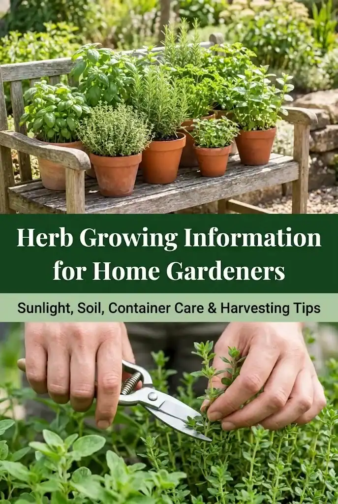 Pinterest graphic featuring herb growing information for home gardeners with sunlight, soil, container care, and harvesting tips