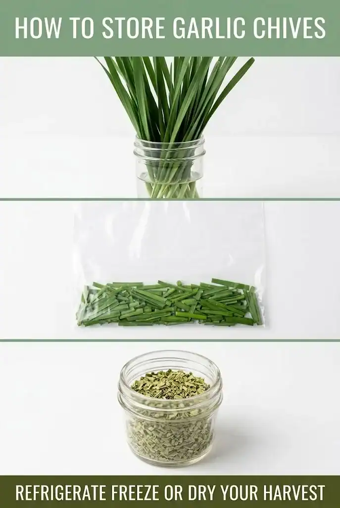 Pinterest graphic titled How to Store Garlic Chives showing fresh, frozen, and dried methods