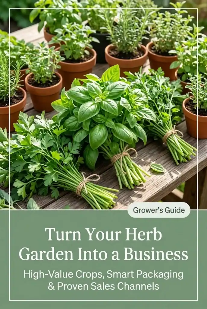 Pinterest graphic titled Turn Your Herb Garden Into a Business: High-Value Crops, Smart Packaging and Proven Sales Channels