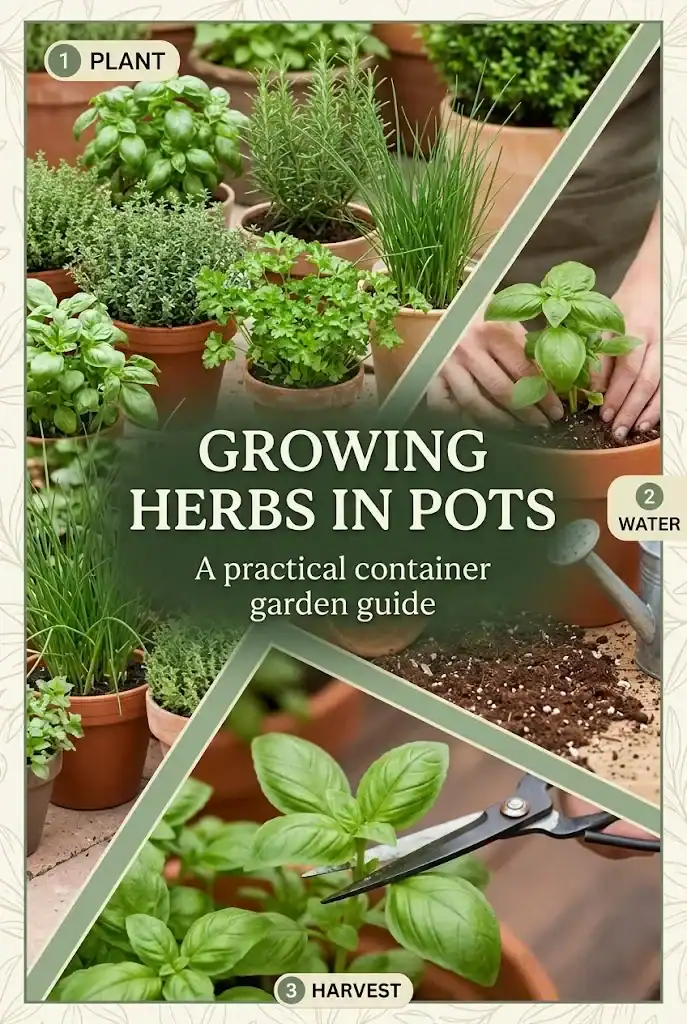 Pinterest graphic titled Growing Herbs in Pots with planting, watering, and harvesting panels