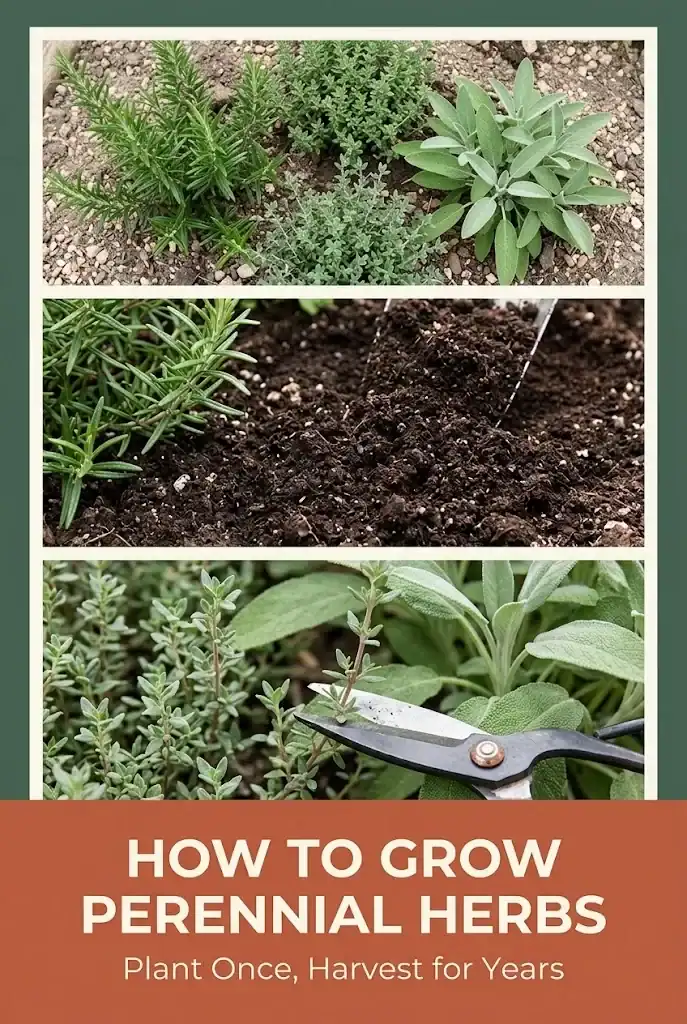 Vertical Pinterest graphic with three-panel herb-garden collage and the headline How to Grow Perennial Herbs
