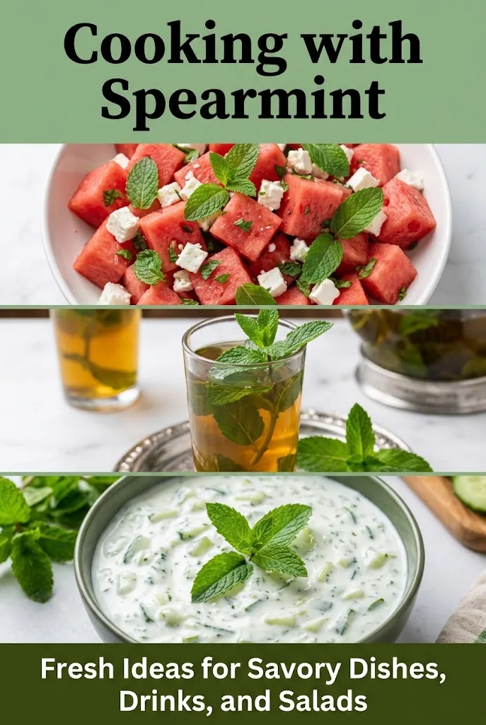 Pinterest guide for cooking with spearmint in savory dishes, salads, and drinks