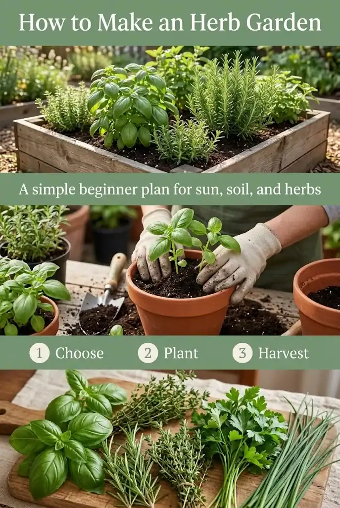 Pinterest graphic explaining how to make an herb garden in three simple steps