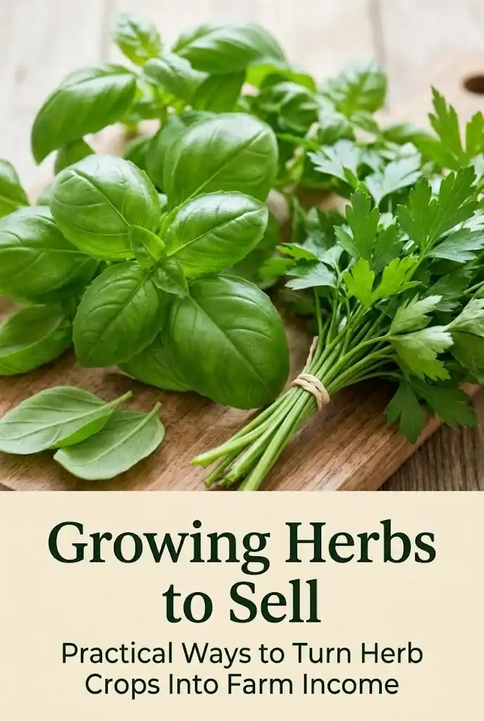Growing Herbs to Sell Pinterest graphic with fresh market herbs and typography