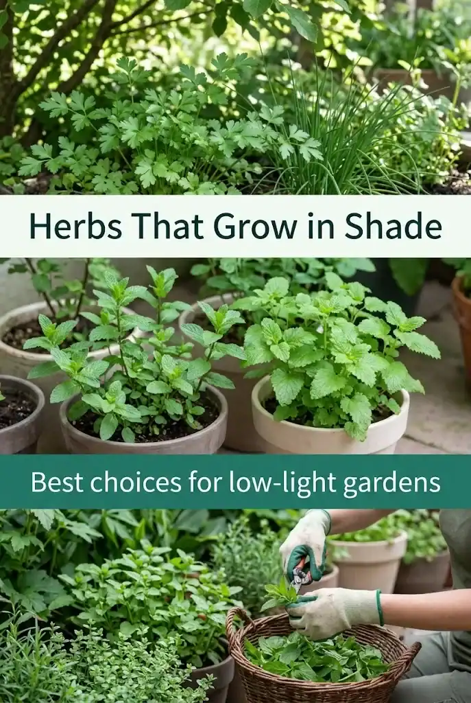 Pinterest graphic about herbs that grow in shade