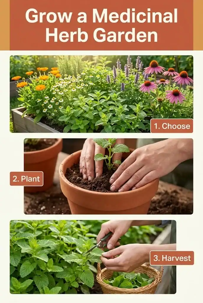 Pinterest guide showing a medicinal herb garden, container planting, and selective herb harvesting