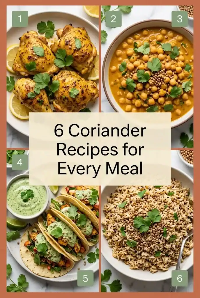 Pinterest graphic showing six coriander recipe ideas in a food collage