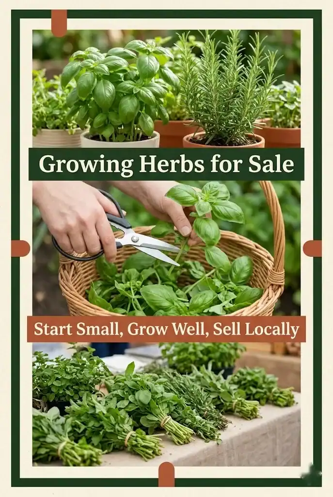 Pinterest graphic titled Growing Herbs for Sale with three scenes of growing, harvesting, and selling herbs
