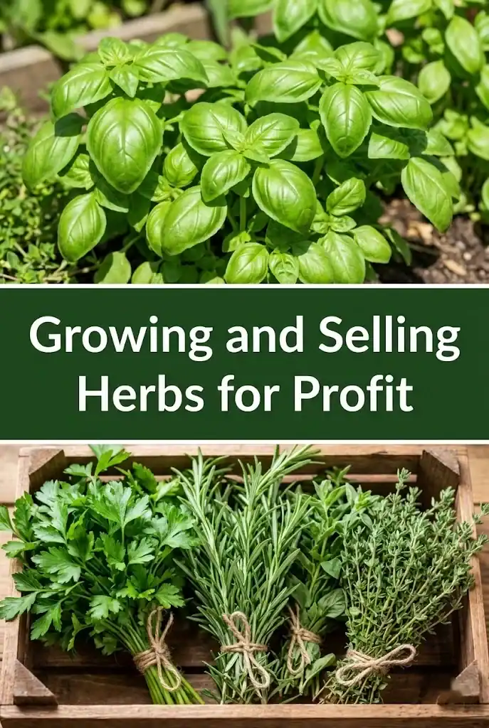 Growing and Selling Herbs for Profit Pinterest graphic with sweet basil and fresh market herb crates