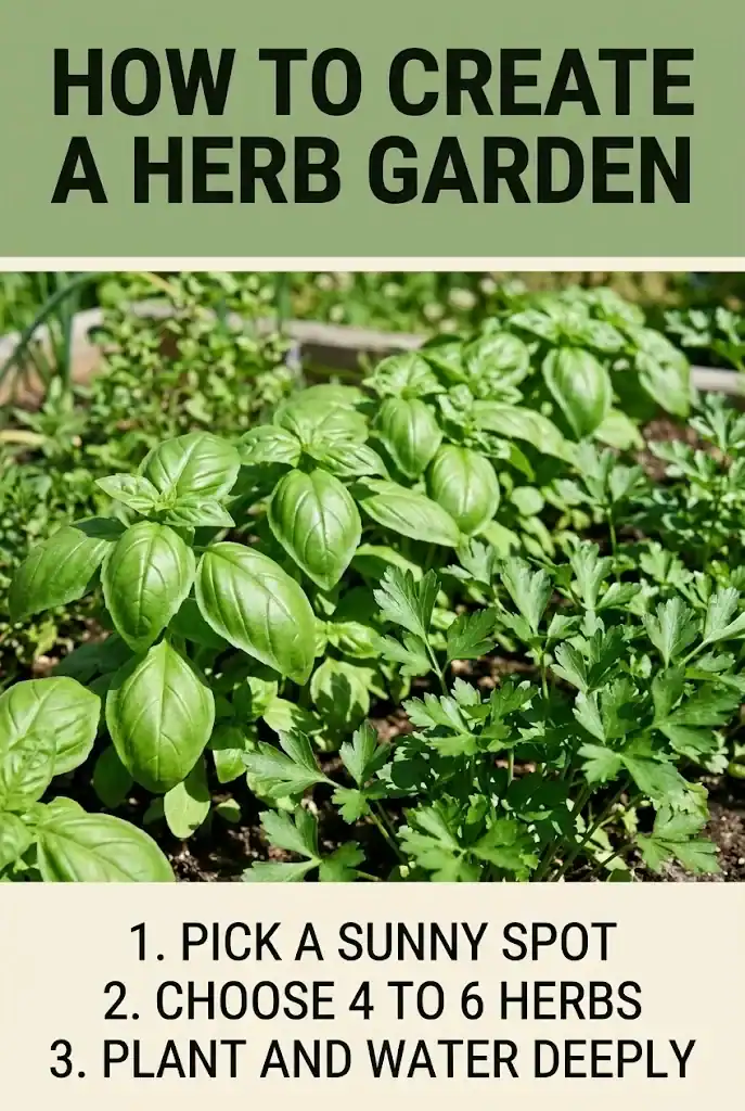 Pinterest graphic titled How to Create a Herb Garden with three numbered steps over color-block bands