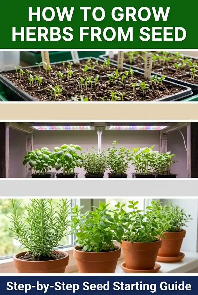 Pinterest guide for how to grow herbs from seed with step-by-step seed starting photos