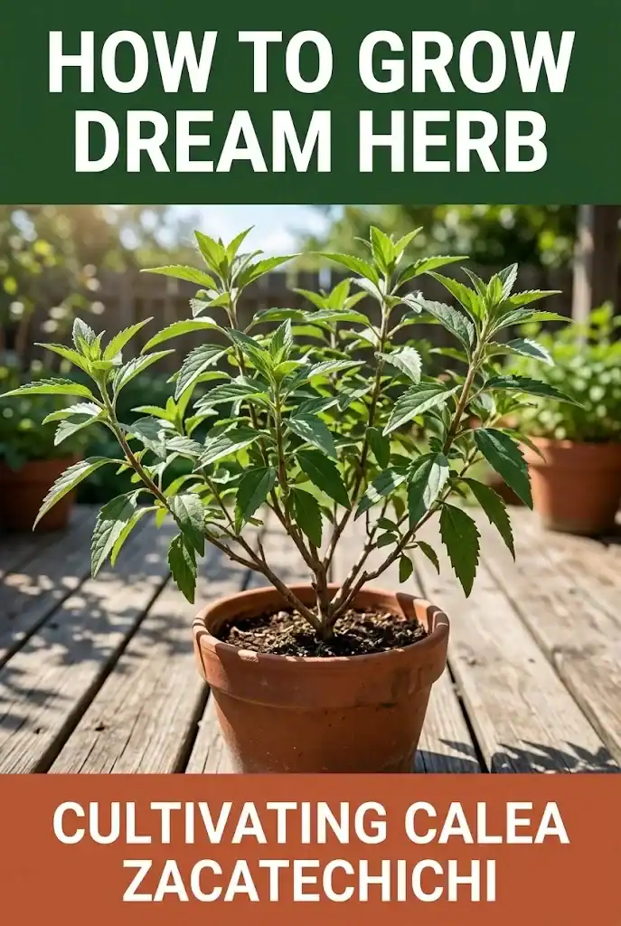 Pinterest graphic guide with title How to Grow Dream Herb and photo of potted Calea zacatechichi