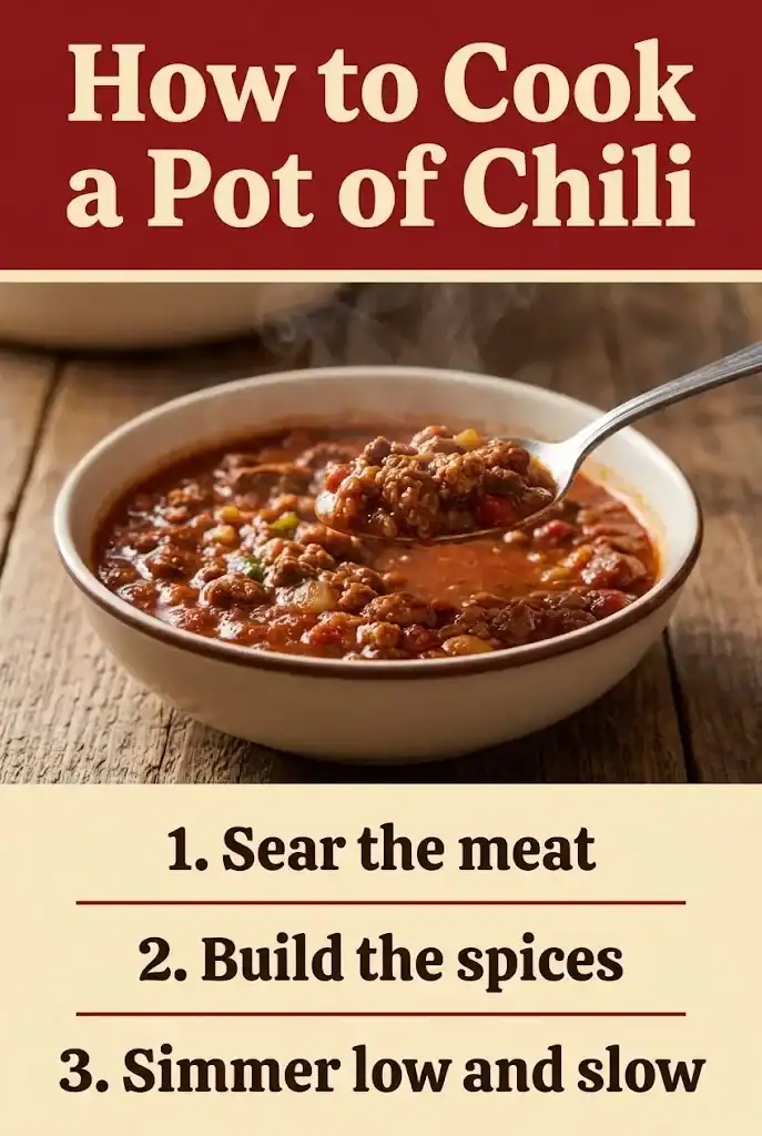 Pinterest graphic titled How to Cook a Pot of Chili with a hero photo of a chili bowl and three numbered steps: sear the meat, build the spices, simmer low and slow