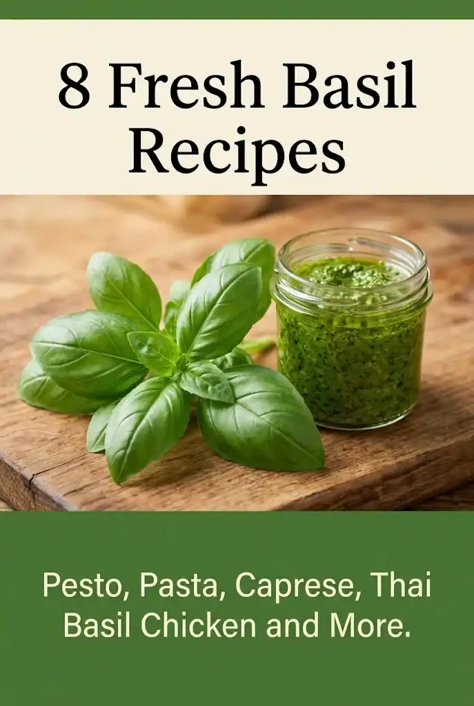 Pinterest graphic with the title 8 Fresh Basil Recipes above a photograph of basil and pesto