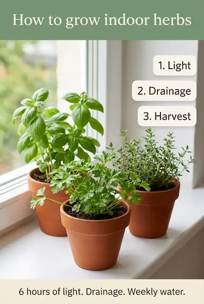 Vertical Pinterest graphic with the title How to grow indoor herbs and a small photo of three herb pots on a windowsill