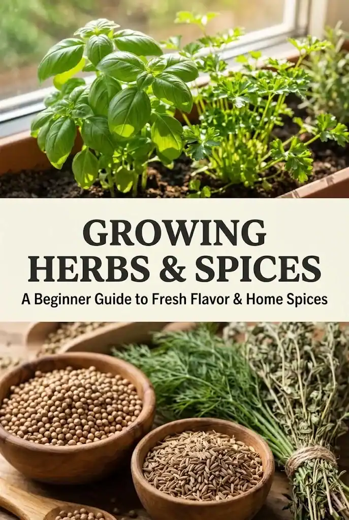 Growing Herbs and Spices Pinterest graphic with panels showing fresh culinary herbs, seed spices, and drying methods
