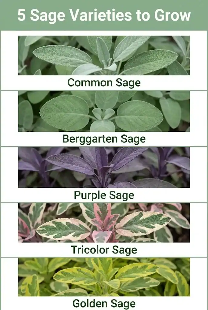 Vertical Pinterest graphic titled Five Sage Varieties to Grow showing Common, Berggarten, Purple, Tricolor, and Golden Sage