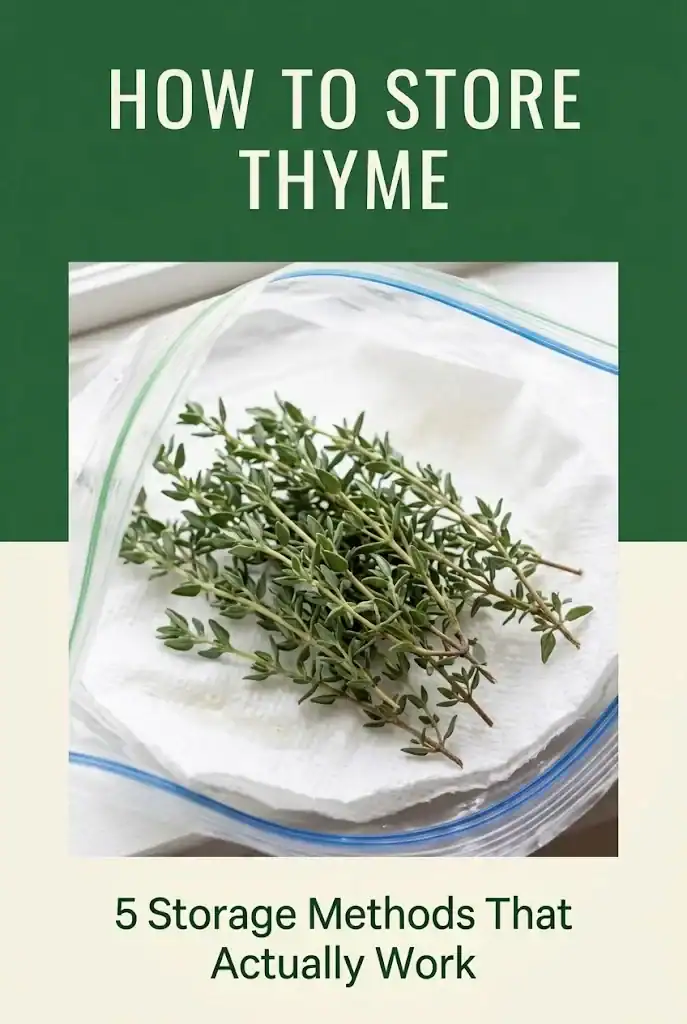 Pinterest graphic with a solid green header reading How to Store Thyme, a photograph of thyme sprigs on a paper towel in a bag, and a cream footer reading 5 Storage Methods That Actually Work