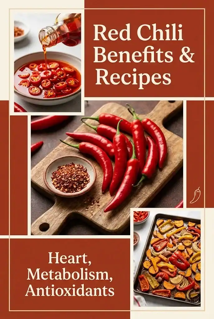 Pinterest graphic titled Red Chili Benefits and Recipes