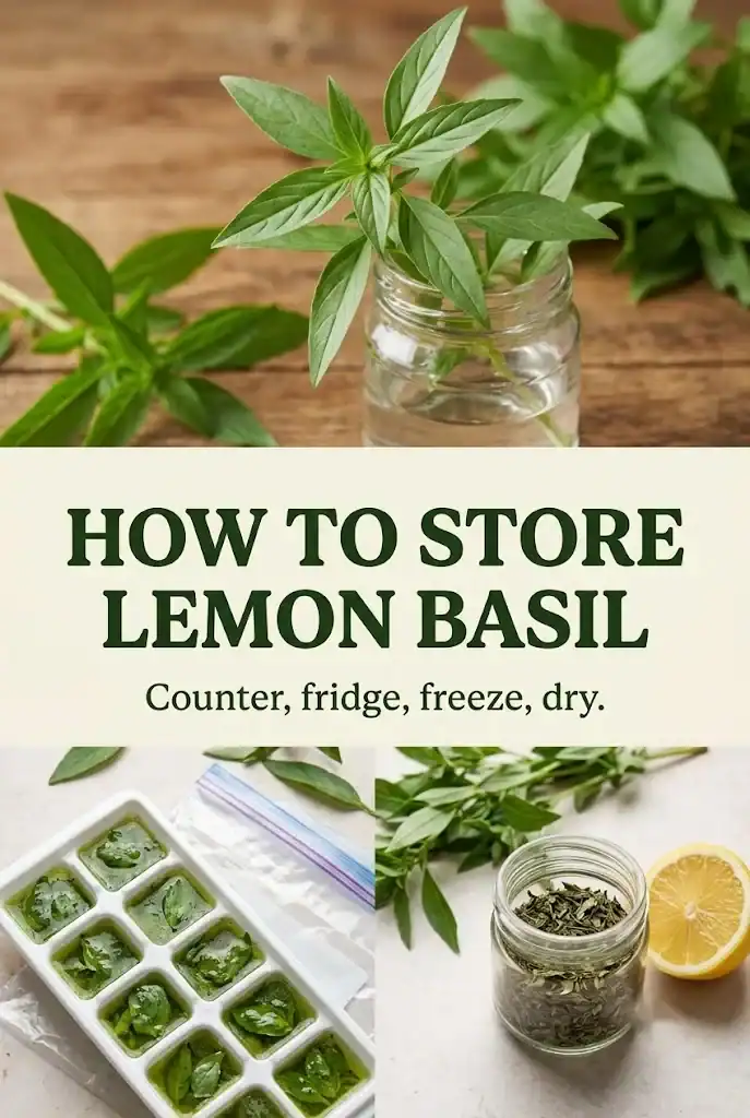 Pinterest graphic titled How to Store Lemon Basil with cream headline band and a styled flat-lay of ice cube tray, freezer bag, and dried basil jar