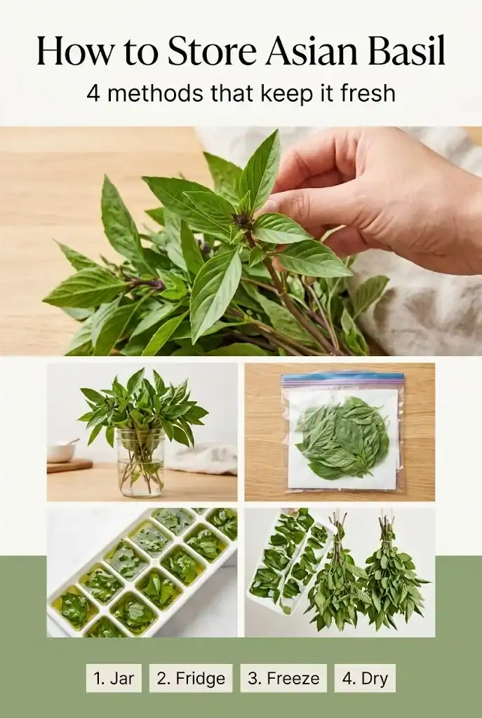 Pinterest graphic titled How to Store Asian Basil with four method photos