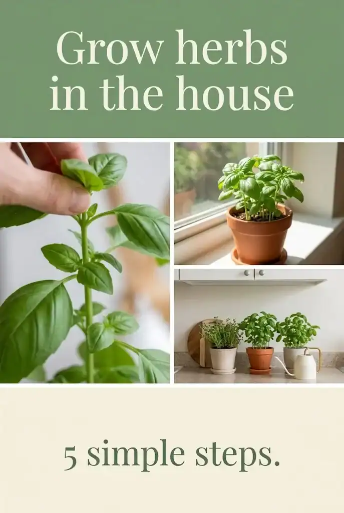Pinterest graphic with sage-green and cream bands over a collage of three herb photographs, titled Grow herbs in the house
