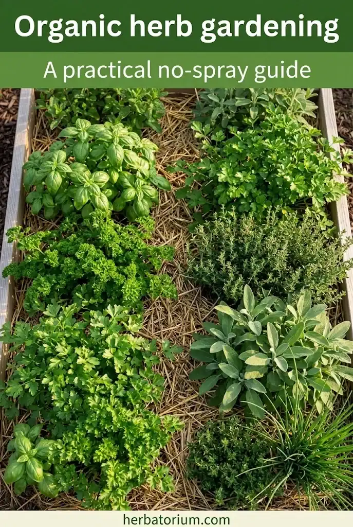 Pinterest graphic titled Organic herb gardening: A practical no-spray guide on a wide photograph of an organic raised bed
