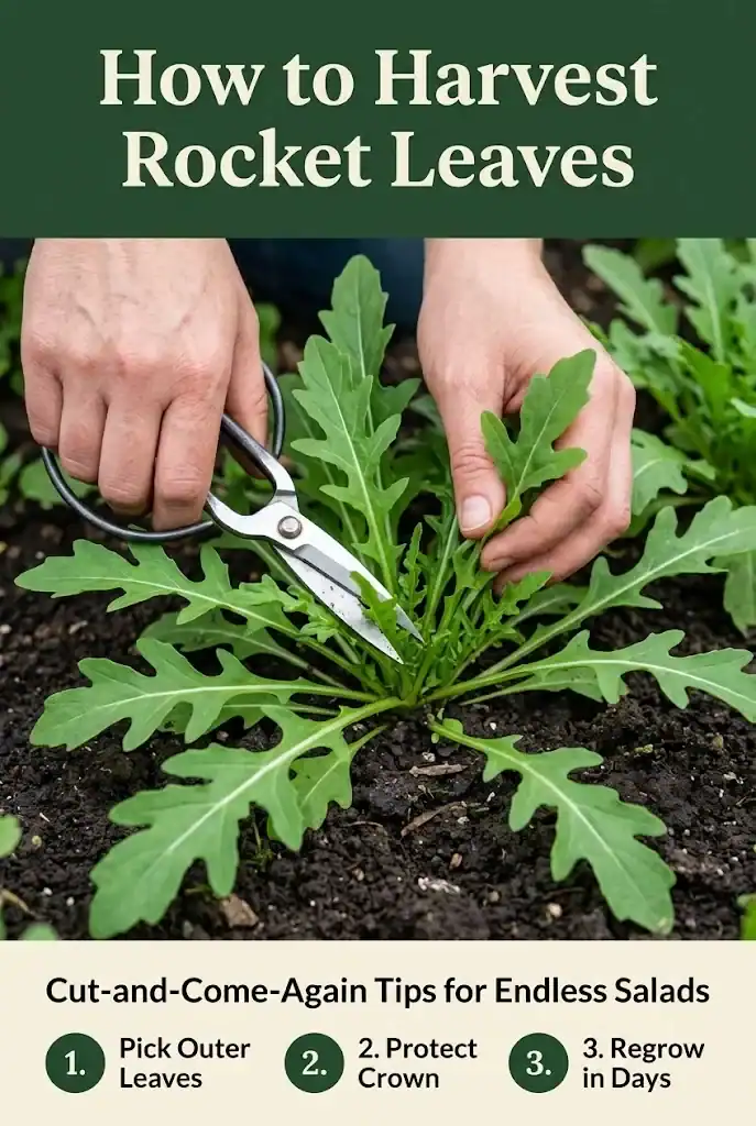 Pinterest guide for harvesting rocket leaves using the cut and come again technique