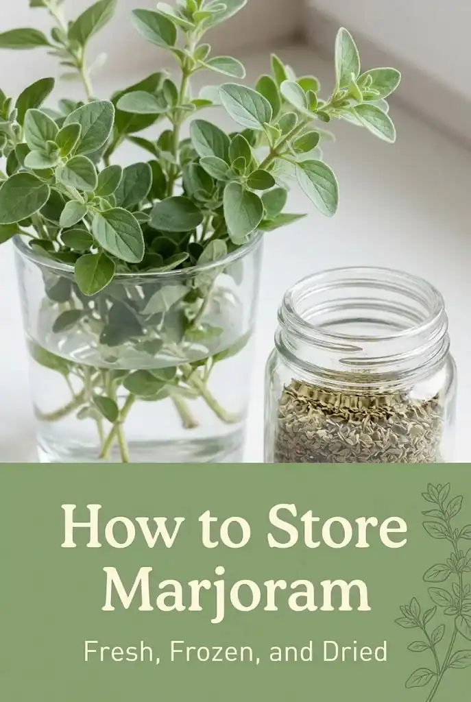 Pinterest graphic titled How to Store Marjoram, Fresh, Frozen, and Dried, with a photo of fresh and dried marjoram