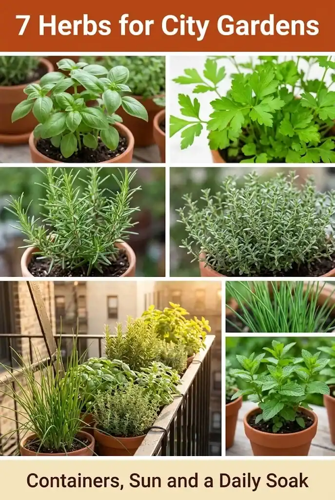 Pinterest graphic titled 7 Herbs for City Gardens with six small squares of potted basil, parsley, rosemary, thyme, chives and mint above a wider photograph of a fire-escape herb garden.