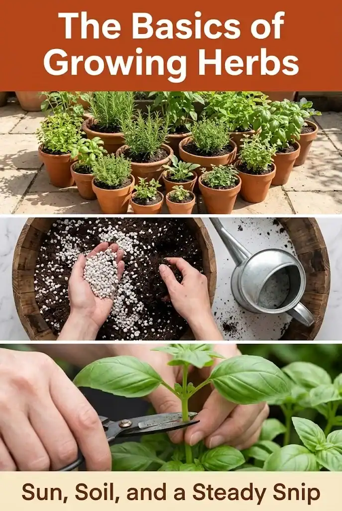 Pinterest graphic titled The Basics of Growing Herbs with three photos of a starter herb garden, soil mix, and snipping basil