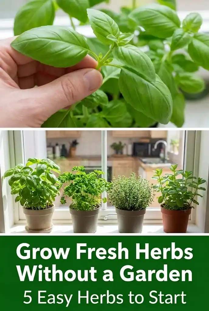 Pinterest graphic titled Grow Fresh Herbs Without a Garden, 5 Easy Herbs to Start, with photos of basil and herb planters